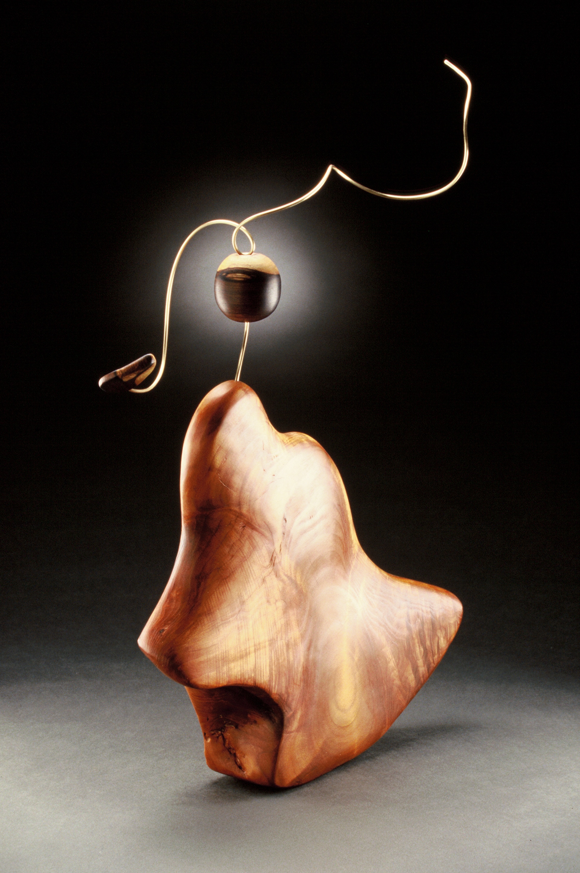 An abstract sculpture resembling a distorted face with a dangling wire and bulb.